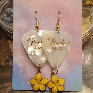 Fender Gold and White Pick Earrings with Yellow Flowers